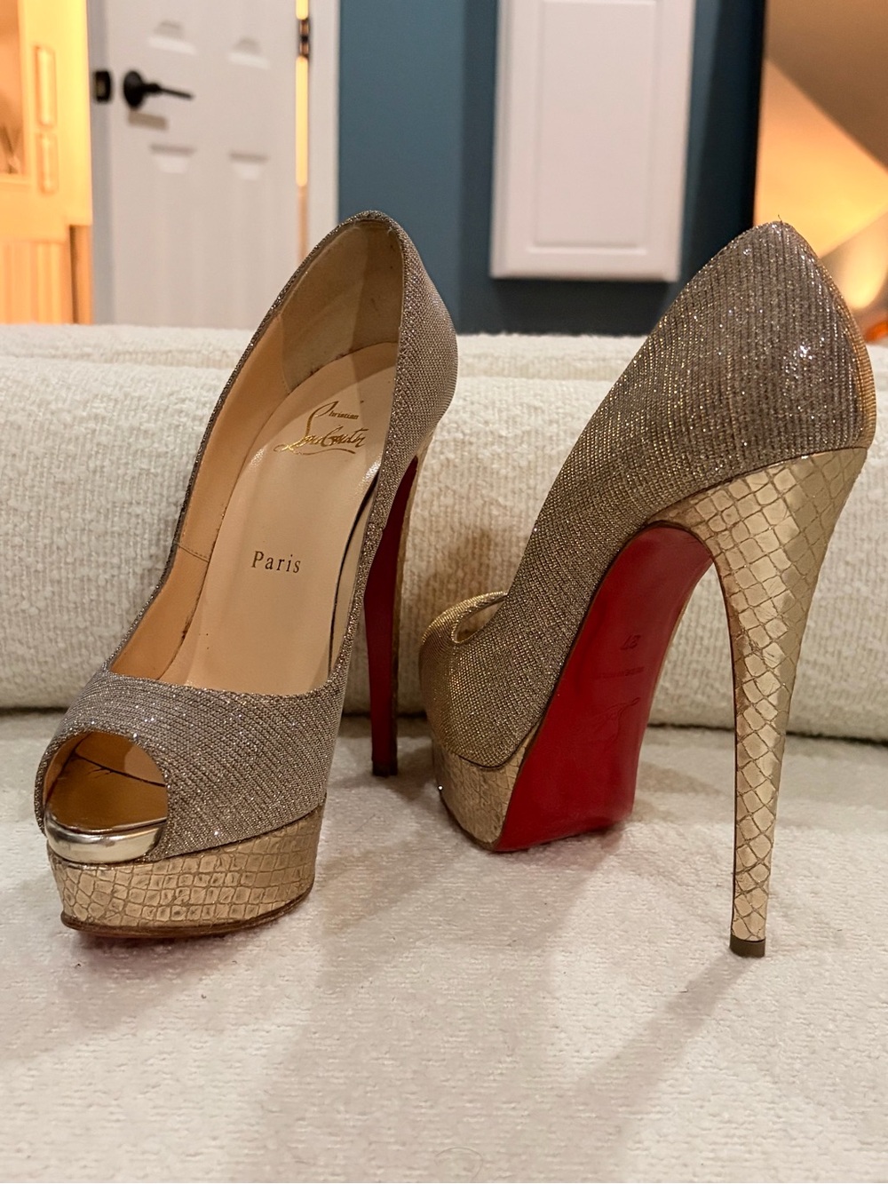 Christian Louboutin Gold /Silver Glitter Lady Peep Platform Stilettos